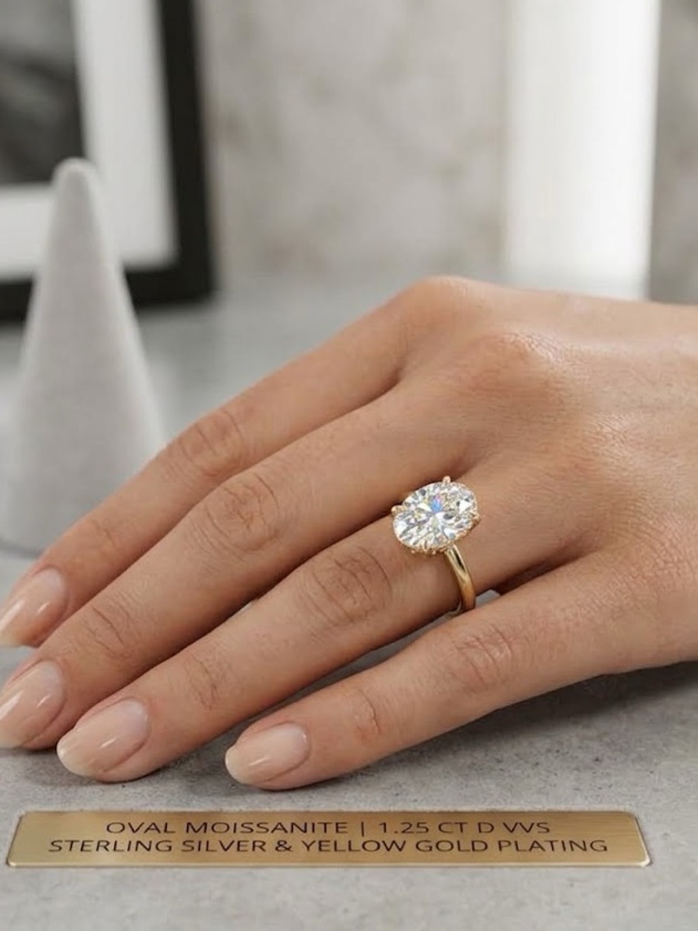 NWT 1.25 CT Oval Moissanite Solitaire Ring in Sterling Silver - Gold Plated